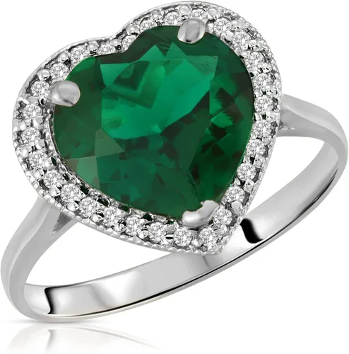 Vista 3 de Galaxy Gold GG Anillo de halo de diamantes naturales de esmeralda de oro blanco sólido de 14 quilates de 2.89 quilates con forma de corazón