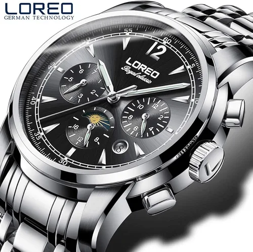 Vista 2 de LOREO Reloj de hombre automático multifunción de zafiro plateado de acero inoxidable con fecha, esfera negra, resistente al agua
