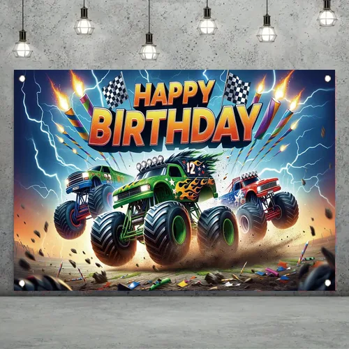 Vista 3 de Fondo de cumpleaños de Monster Truck, 70.8 x 43.3 pulgadas, poliéster, multicolor, cumpleaños, incluye telón de fondo con temática de camión