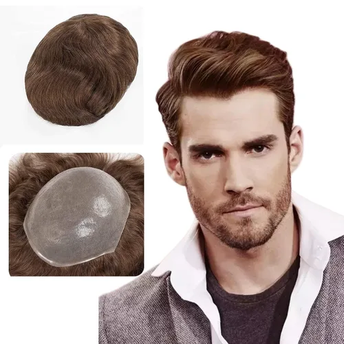 Vista 9 de Toupee para hombres, cabello humano para hombre, piezas de cabello de 0.002 in, piel suave y fina, un solo nudo, natural, ondulado, sistema