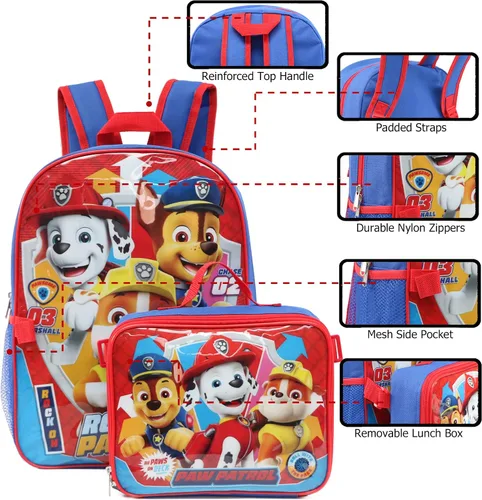 Vista 6 de Nickelodeon Mochila de Paw Patrol para niños con almuerzo, Chase Marshall Escombros, Moderno