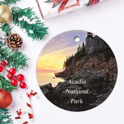 Vista 3 de Adornos de bolas de Navidad, faro de puerto bajo, Parque Nacional Acadia, Maine, adornos de cerámica de paisaje de EE. UU., adorno de árbol
