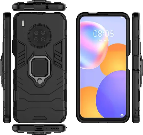 Vista 3 de Funda de teléfono celular para Huawei Y9a, doble capa de metal anillo agarre Kickstand parachoques duro a prueba de golpes (negro)