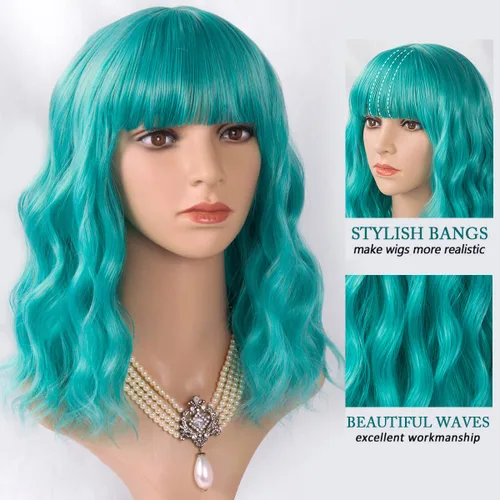 Vista 2 de ITTAYLER Peluca verde azulado, pelucas cortas y rizadas con flequillo, lindas pelucas coloridas para mujeres, peluca sintética de aspecto natural