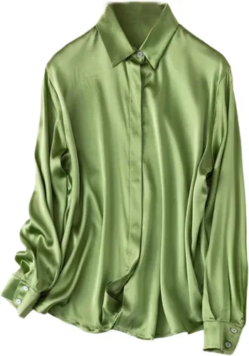 Vista 21 de Women's Satin Silk Buttons Down Long Sleeve Solid Dress Shirts Top Soft Blouse Collar Office Work
