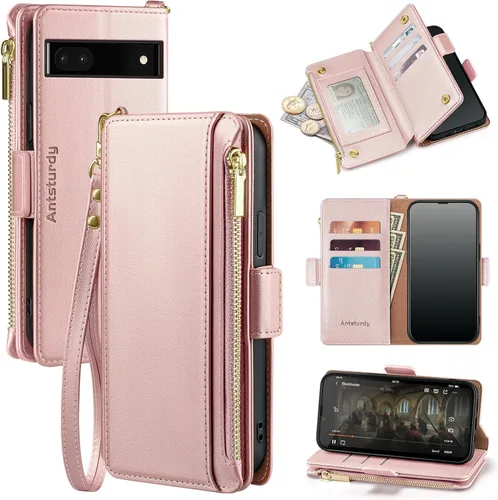 Vista 12 de Antsturdy Funda compatible con Google Pixel 6a con tarjetero para mujeres y hombres, funda de teléfono con bloqueo RFID, de piel sintética, a prueba