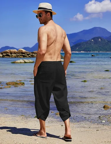 Vista 4 de COOFANDY Pantalones capri harén de lino para hombre, ligeros, sueltos, 34, con cordón elástico, cintura elástica, pantalones casuales para yoga