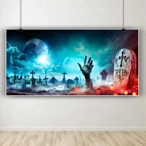 Vista 8 de Telón de fondo de Halloween para fotografía de cementerio de Halloween de 20 x 10 pies, telón de fondo de lápida de calavera aterradora, calabaza