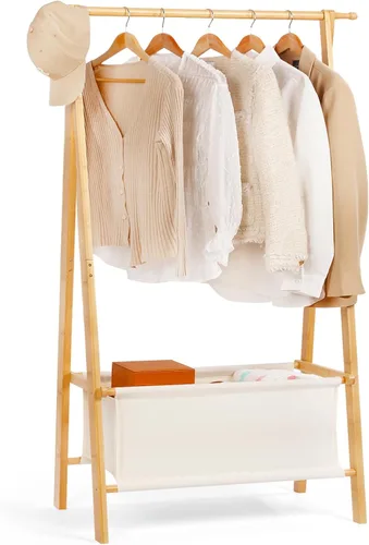 Vista 8 de Perchero de bambú con caja de almacenamiento, perchero portátil extra grande, armario plegable para entrada y habitación de cama (S)