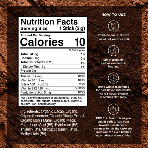 Vista 2 de VitaCup Shroom Fuel - Paquetes alternativos de café de hongos, 24 unidades, con cacao, canela, chaga, melena de leones y maca + paquetes de café