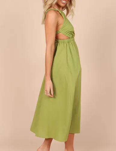 Vista 2 de KOUNAI Vestido midi de lino de algodón con espalda descubierta corte imperio sin mangas cintura elástica para la playa