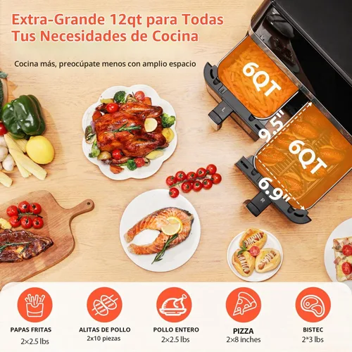Vista 11 de Freidora de aire doble grande de 12 cuartos de galón, 10 en 1 con SyncCook Negro