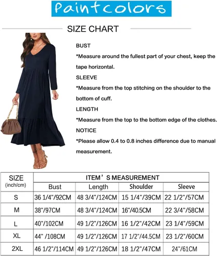 Vista 6 de Paintcolors Vestido largo casual de manga larga con cuello en V para mujer, vestido escalonado, color sólido, holgado, con vuelo, vestido midi