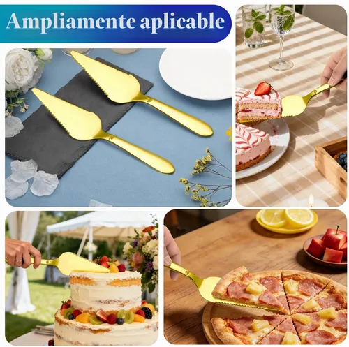 Vista 7 de Juego de servidor de pasteles y tartas Eisinly para boda, elegante juego de servidor y cortador de pizza con bordes dentados grandes de acero Dorado