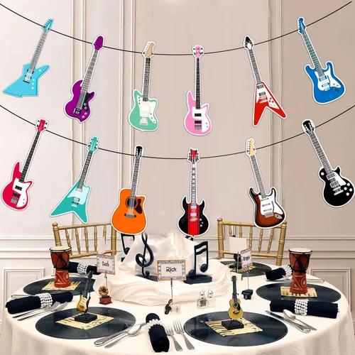 Vista 4 de Cartel de feliz cumpleaños de guitarra, decoración geométrica multicolor para fiestas temáticas de música para niños y niñas, 5 x 78 pulgadas