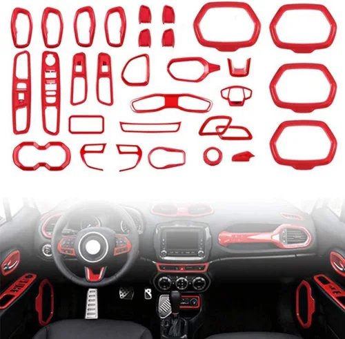 Vista 9 de Juego de 31 piezas de decoración interior de automóvil, accesorios de decoración para Jeep Renegade 2015-2018 (negro)