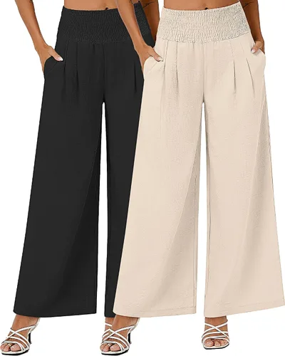 Vista 3 de Neer 2 piezas de pantalones palazzo de lino para mujer, cintura alta fruncida, pierna ancha, pantalones casuales de playa, pantalones con bolsillo