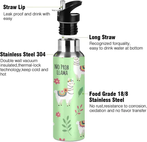 Vista 3 de Cute Llamas Flowers Green Insulated Stainless Steel Water Bottle with Straw 32 Oz, BPA-Free Sport Water Bottle Insulated Leakproof Water Bottles