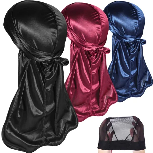 Vista 35 de Paquete de 3 piezas de durags sedosas para ondas de hombres, de regalo 1 gorra para marcar las ondas, talla única