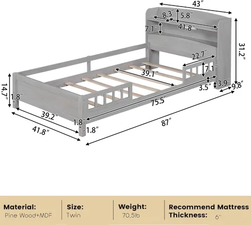 Vista 2 de Bellemave Base de cama individual con cabecera de almacenamiento y rieles para vallas, camas de plataforma baja de madera con luz LED y soporte