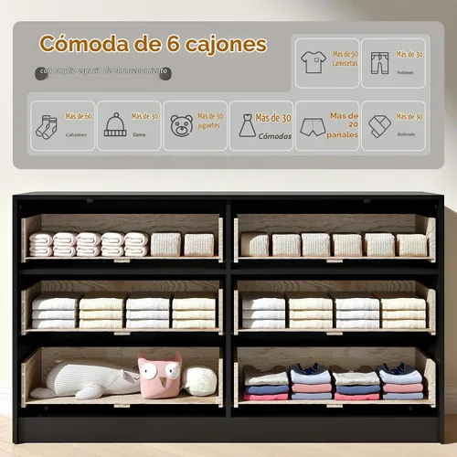 Vista 6 de Cómoda negra con 6 cajones profundos, cómoda acanalada de 55" de ancho para dormitorio con tirador dorado, cómoda moderna para armario, dormitorio