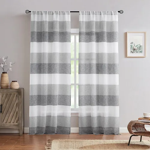 Vista 7 de Vision Home Cortinas traslúcidas a rayas gris y carbón, paneles de ventana de lino rústico de 63 pulgadas de largo, cortinas rústicas de filtrado