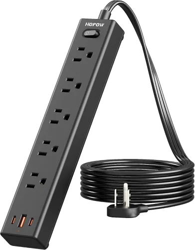 Vista 16 de HOPOW Regleta de alimentación de enchufe plano, cable de extensión ultrafino de 3 pies, protector de sobretensiones con 5 salidas y 3 puertos USB