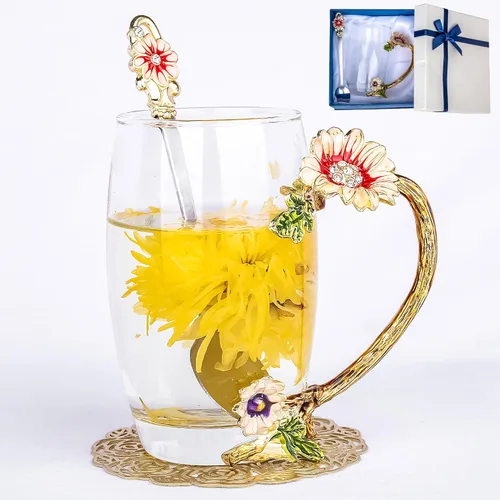 Vista 16 de Taza de té con flores, taza de café de vidrio con mariposa y margarita, con cuchara, caja de regalo para su mamá, esposa, abuela, niñas, amigas