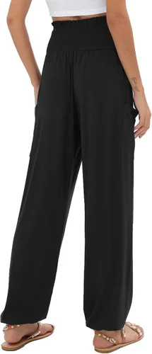 Vista 2 de QIANXIZHAN - Pantalones deportivos de tiro alto para mujer, diseño estilo harén bohemio con bolsillos, para yoga