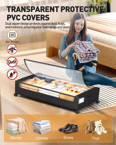Vista 8 de Almacenamiento debajo de la cama, almacenamiento debajo de la cama con ruedas, almacenamiento debajo de la cama para ropa, mantas, zapatos... Negro