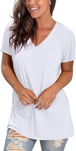 Vista 3 de Sipaya - Camiseta básica para mujer con manga corta, cuello en V, corte holgado y estilo casual