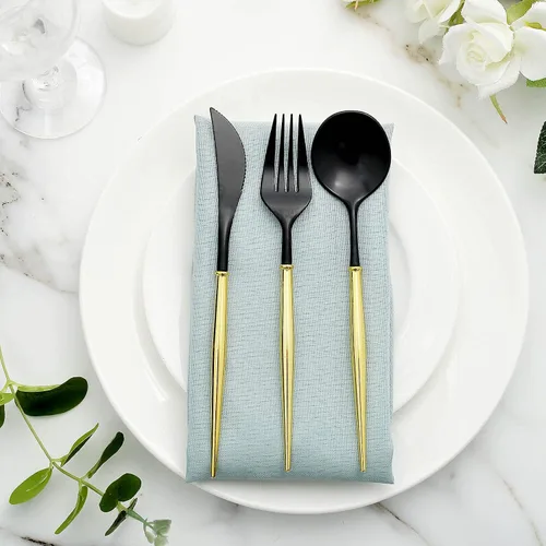 Vista 13 de Cubiertos de plástico Silverwar de plástico plateado con mango azul, cubiertos desechables pesados que incluyen 8 tenedores, 8 cucharas, 8 cuchillos