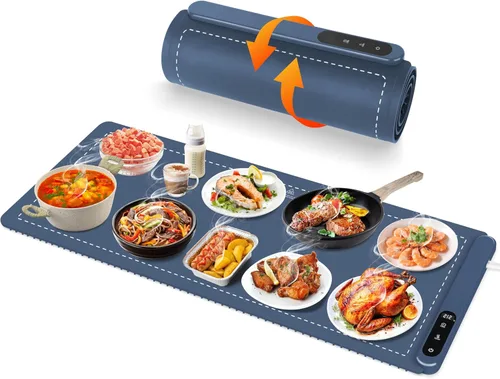 Vista 9 de OcePor (XL 24 x 15 pulgadas) Tapete Calentador de Alimentos, Bandeja de Calentamiento Eléctrica, Calentador de Alimentos Plegable para Fiestas