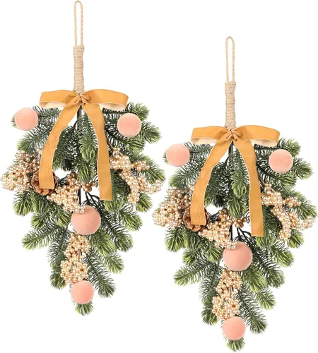 Vista 15 de Super Holiday - Decoraciones de Navidad, 2 piezas de coronas de puerta delantera de plantas verdes artificiales colgantes con lazo