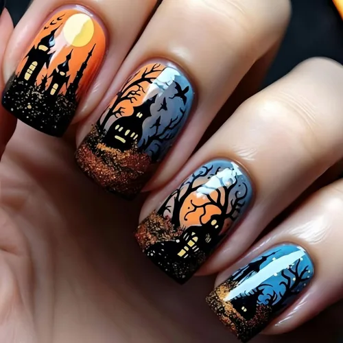 Vista 27 de Uñas postizas a presión para Halloween, cuadradas, cortas, con diseños de bosque lunar, uñas postizas con pegamento oscuro brillante en las uñas