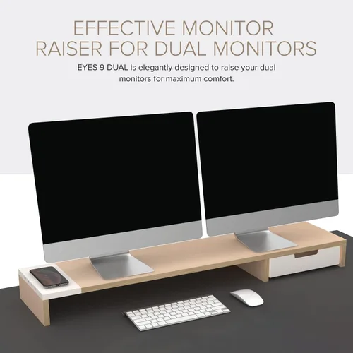 Vista 5 de POUT Soporte para monitor doble E9 con cajón, cargador inalámbrico y concentrador USB (negro oscuro)