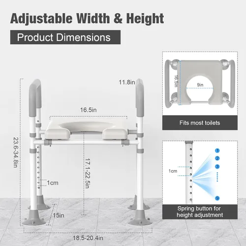 Vista 2 de Asiento de inodoro elevado con asas: elevadores de asistencia de inodoro ajustables para personas mayores, soporte de asiento de inodoro elevado
