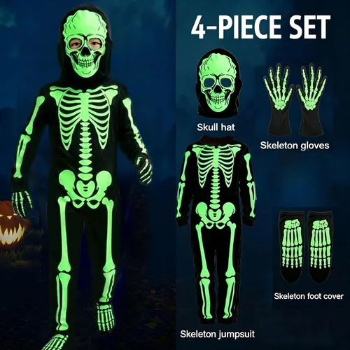 Vista 3 de Disfraz de esqueleto de Halloween para niños que brilla