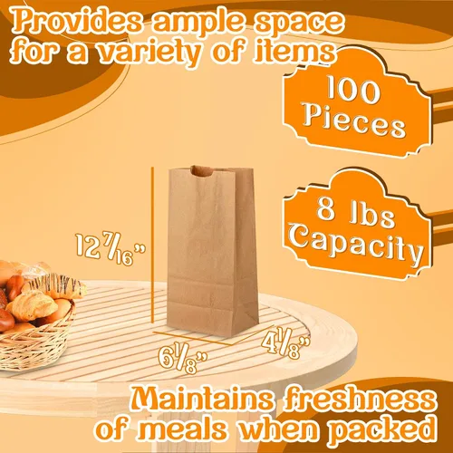 Vista 2 de MT Products Bolsas de papel kraft de 8 libras. Bolsas de almuerzo de papel desechables perfectas para ir de compras - Paquete de 100