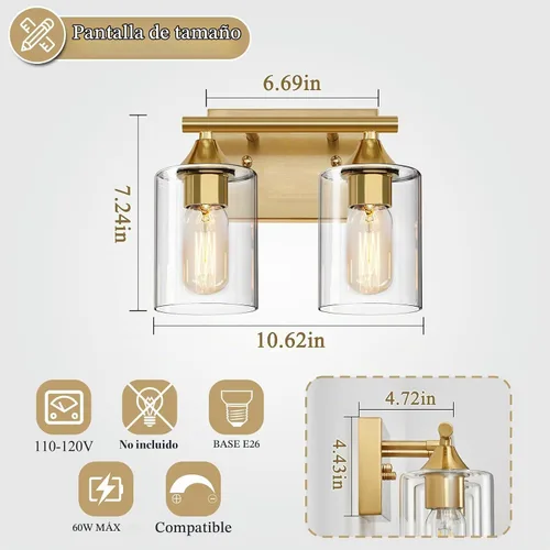 Vista 4 de Luces de Tocador Doradas para Baño, Accesorios de Iluminación de Baño de 2 Luces, Aplique de Pared de Latón Cepillado Dorado, Lámpara de Pared