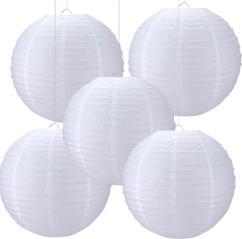 Vista 10 de Glooglitter 5 linternas grandes de papel blanco de 18 pulgadas, lámpara de papel redonda de luna china, lámparas japonesas gigantes colgantes