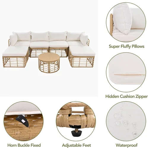 Vista 5 de Juego de 7 muebles de patio al aire libre, juego de sofá modular de ratán para todo tipo de clima con cojines gruesos y almohadas, mesa de centro