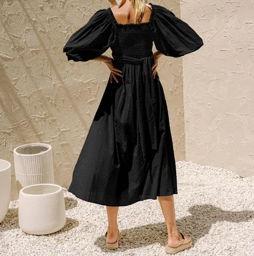 Vista 4 de R.Vivimos Vestido de verano bohemio de algodón con mangas abombadas y lunares suizos con cordones fruncidos, casual, acampanado, vestido por debajo