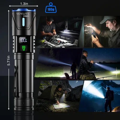 Vista 5 de Flashlights High Lumens Rechargeable 2 Pack Super Bright 100000 LM LED Flashlight with LCD Power Display, 3 Modes, Zoomable, IP67 Waterproof for