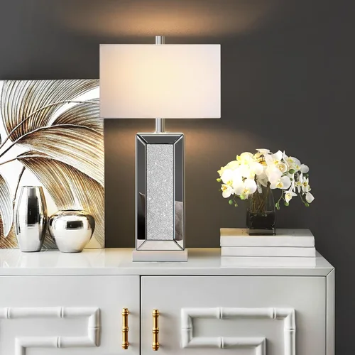 Vista 5 de Juego de 2 lámparas de mesa modernas con control táctil, lámpara de mesita de noche con espejo de diamante de cristal de plata con puertos USB C+A
