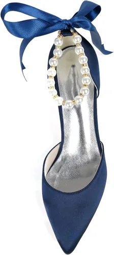 Vista 3 de Pointed Toe Pearl Satin Wedding Shoes for Bride Low Heel Bridal Shoes for Women Satin Heels Prom Party Shoes 1608-28