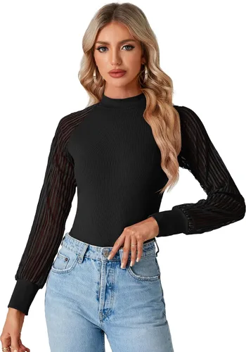 Vista 4 de LYANER Blusa elegante de punto con cuello redondo para mujer, blusa de manga larga con encaje