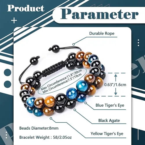 Vista 2 de Triple Protection Bracelet, 8mm 10mm Natural Stone Beads Obsidian Tiger Eye Hematite, Double Layer Hand Healing Crystal Stretch Bracelet,Protection