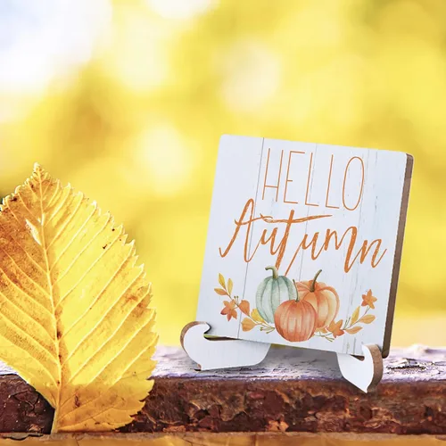 Vista 3 de Letrero con texto en inglés «Hello Autumn» con texto en inglés «Hello Autumn», decoración de escritorio de madera rústica, citas inspiradoras
