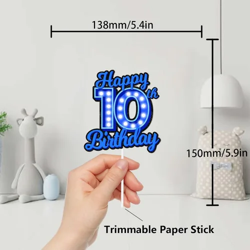 Vista 2 de Decoración de pastel de cumpleaños 10 con purpurina azul Let's Glow Crazy Party Theme Decor Supplies Men Women Happy Birthday 10 Anniversary Party